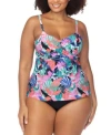 Shop Raisins Curve Trendy Plus Size Aries Underwire Tankini Top Costa Ruched Bikini Bottoms In White Multi