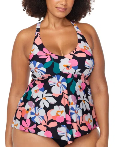 Raisins Curve Trendy Plus Size Aviva Floral Underwire Tankini Top In Black Multi
