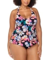 Raisins Curve Trendy Plus Size Aviva Floral Underwire Tankini Top Costa Ruched Bikini Bottoms In Black Multi