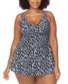 Raisins Curve Trendy Plus Size Lucia Printed Twist-front Swimdress In Black,white