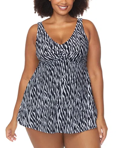 Raisins Curve Trendy Plus Size Lucia Printed Twist-front Swimdress In Black,white