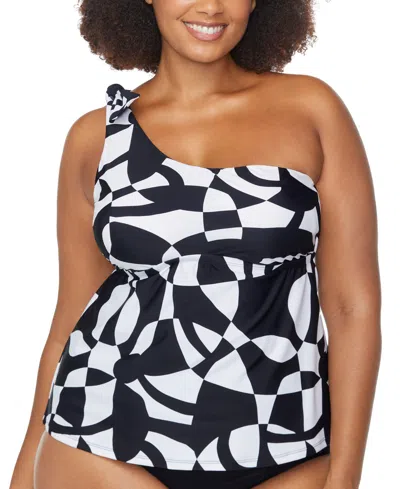 Raisins Curve Trendy Plus Size Marita Asymmetric Tankini Top In Black,white