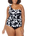 Raisins Curve Trendy Plus Size Marita Asymmetric Tankini Top Costa Ruched Bikini Bottoms In Black,white