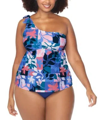 Raisins Curve Trendy Plus Size Marita Asymmetric Tankini Top Costa Ruched Bikini Bottoms In Slate Multi