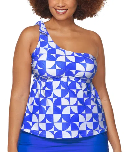 Raisins Curve Trendy Plus Size Marita One-shoulder Tankini Top In Blue