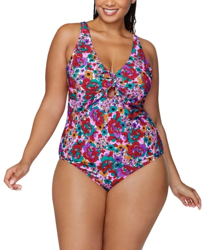 Raisins Curve Trendy Plus Size Muna Floral One-piece Swimsuit In Red