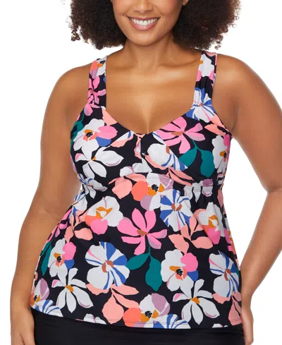 Raisins Curve Trendy Plus Size Rimini Printed Tankini Top In Black Multi