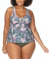 Raisins Curve Trendy Plus Size Rimini Printed Tankini Top Costa Ruched Bikini Bottoms In Multi