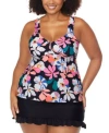 Raisins Curve Trendy Plus Size Rimini Printed Tankini Top Echo Ruffled Swim Skirt In Black Multi