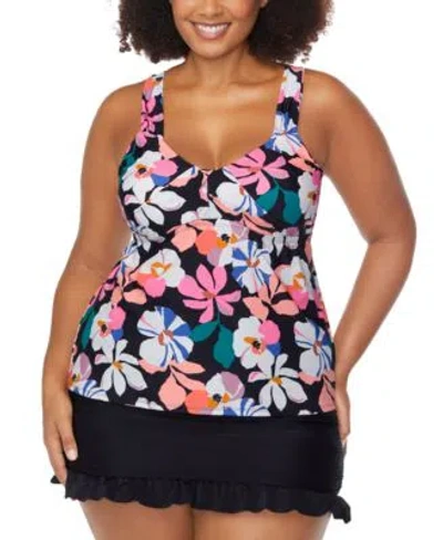 Raisins Curve Trendy Plus Size Rimini Printed Tankini Top Echo Ruffled Swim Skirt In Black Multi