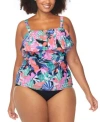 Raisins Curve Trendy Plus Size Sella Ruffled Tankini Top Costa Ruched Bikini Bottoms In White Multi