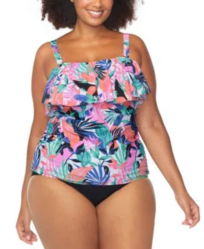 Raisins Curve Trendy Plus Size Sella Ruffled Tankini Top Costa Ruched Bikini Bottoms In White Multi