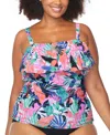 Raisins Curve Trendy Plus Size Sella Ruffled Tankini Top In White Multi