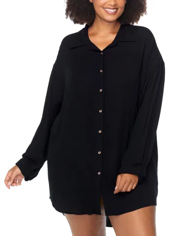 Raisins Curve Trendy Plus Size Seychelles Button-up Cover-up In Black