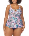 Raisins Curve Trendy Plus Size Shoreline Keyhole Tankini Top Costa Ruched Bikini Bottoms In Multi