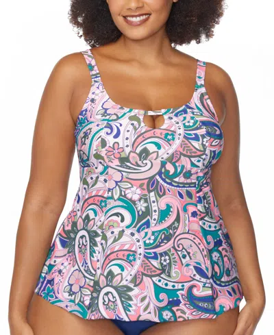 Raisins Curve Trendy Plus Size Shoreline Keyhole Tankini Top In Multi