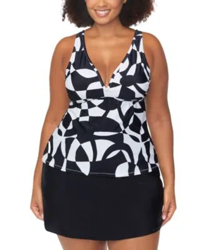 Raisins Curve Trendy Plus Size Tanzania Tankini Top Bravo Tummy Control Swim Skirt In Black,white