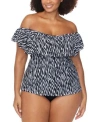 Raisins Curve Trendy Plus Size Tortuga Ruffled Tankini Top Costa Ruched Bikini Bottoms In Black,white