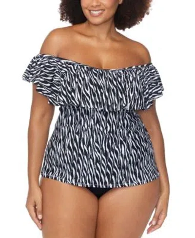 Raisins Curve Trendy Plus Size Tortuga Ruffled Tankini Top Costa Ruched Bikini Bottoms In Black,white