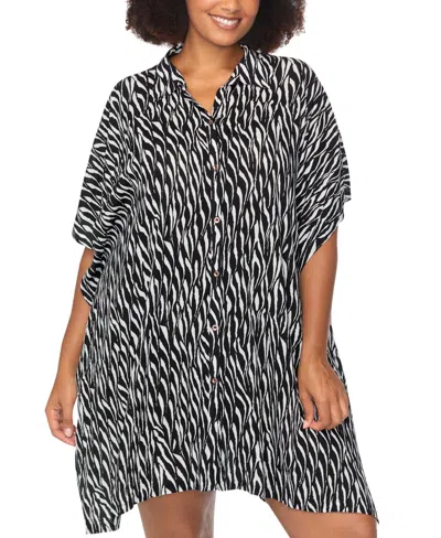 Raisins Curve Trendy Plus Size Vacay Printed Cover-up In Black,white