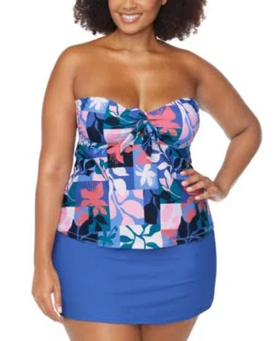 Raisins Curve Trendy Plus Size Zanzibar Tie Front Underwire Tankini Top Bravo Tummy Control Swim Skirt In Blue