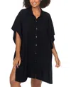 Raisins Curve Trendy Plus Vacay Button-front Cover-up Shirt In Black