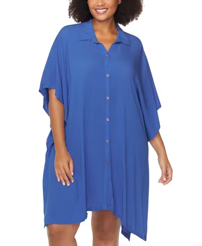 Raisins Curve Trendy Plus Vacay Button-front Cover-up Shirt In Slate