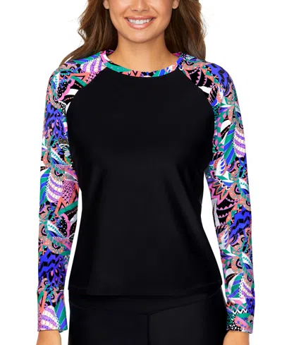 Raisins Juniors' Back-zip Rash Guard Top In Black