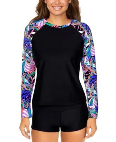 Raisins Juniors Back Zip Rash Guard Top Pull On Board Shorts In Black