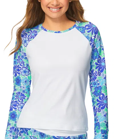 Raisins Juniors' Floral-print Back-zip Rash Guard In Blue