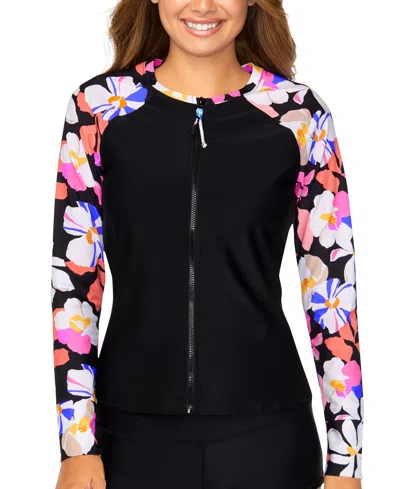 Raisins Juniors' Front Zip Printed-sleeve Rashguard In Black