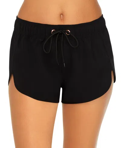 Raisins Juniors' Laguna Drawstring Side-slit Board Shorts In Black
