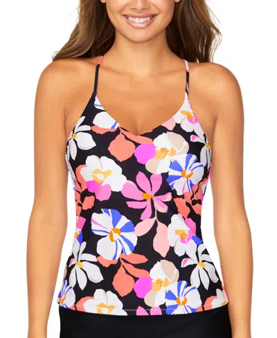 Raisins Juniors' Printed Macrame-back V-neck Tankini In Black Multi