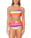 RAISINS JUNIORS SHINE ON STRIPED ASYMMETRIC BIKINI TOP HIGH WAISTED BOTTOMS