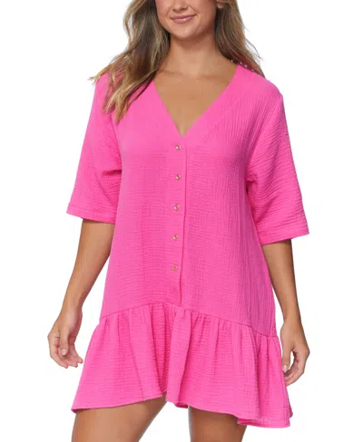 Raisins Juniors' Sol Cotton Button-up Cover-up Dress In Pink