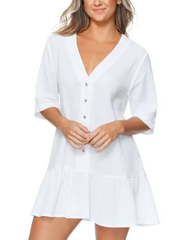 Raisins Juniors' Sol Cotton Button-up Cover-up Dress In White