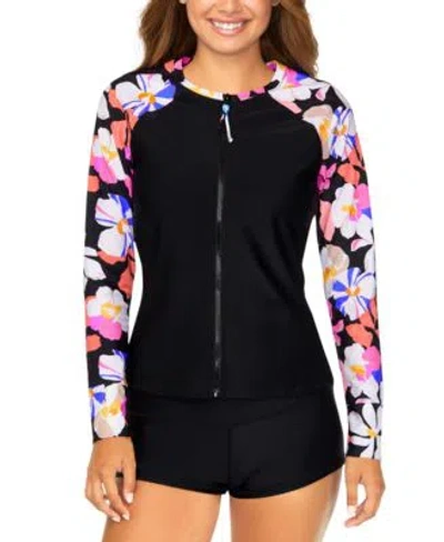 Raisins Juniors Zip Front Rash Guard Swim Bottoms In Black