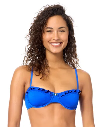 Raisins Womens Rosa Straight Neck Swim Bikini Top Ruffle Trim Swim Bottoms In Blue