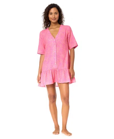 Raisins Women's Sol V-neck Button-front Cover-up Swim Dress In Pink