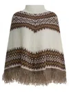 Rakkì Geometric Knit Poncho Fringe Hem In White