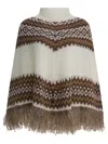 Rakkì Geometric Knit Poncho Fringe Hem In White