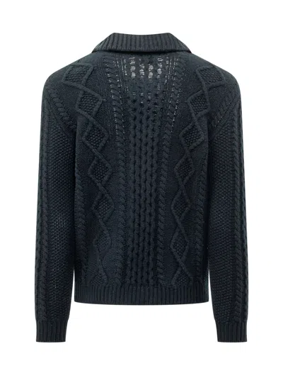 Rakkì Rakki Aran Polo Cardigan In Blu Notte