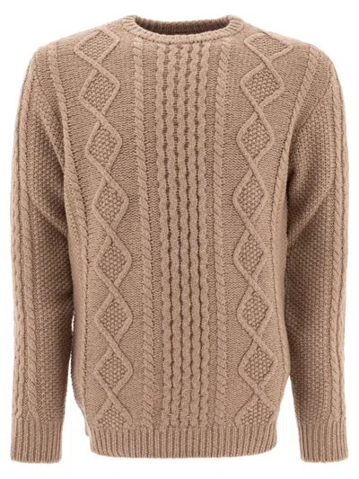 Rakki' Brown Cable Knit Crew Neck Sweater In Merino Wool