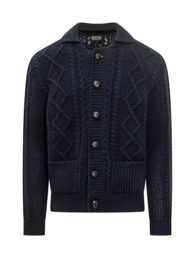 Rakkì Aran Polo-collar Cardigan In Blue