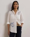 Ralph Lauren 100 Linen Womens Relaxed Fit Print Roll Tab Sleeve Shirt P Xs 3x In White