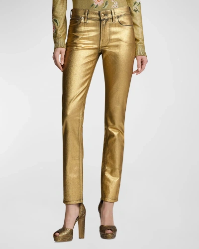 Ralph Lauren 160 Mid-rise Foiled Skinny-leg Jeans In Gold