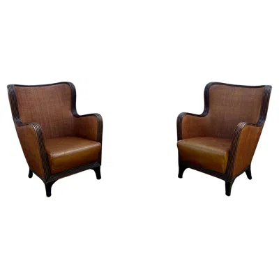 Pre-owned Ralph Lauren 1970s Rattan Leather  Style Sculptural Curved Wing Chairs, Set Of 2 In Brown