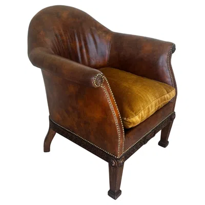 Pre-owned Ralph Lauren 1980s  Style Leather Mohair Gilt Greek Key Wood Library Chair In Brown