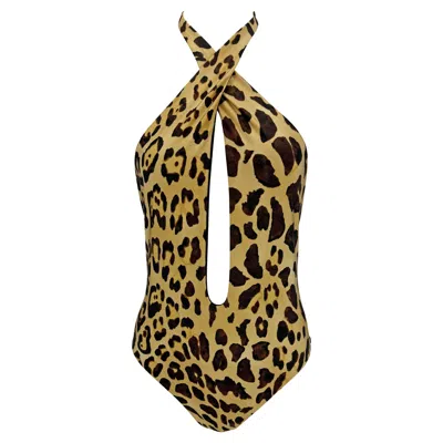Pre-owned Ralph Lauren 2000s  Leopard Print Plunging Halter Tie One-piece Swim Suit 8 In Brown