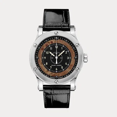 Polo Ralph Lauren 39 Mm Chronometer Steel Watch In Black Dial W/wood